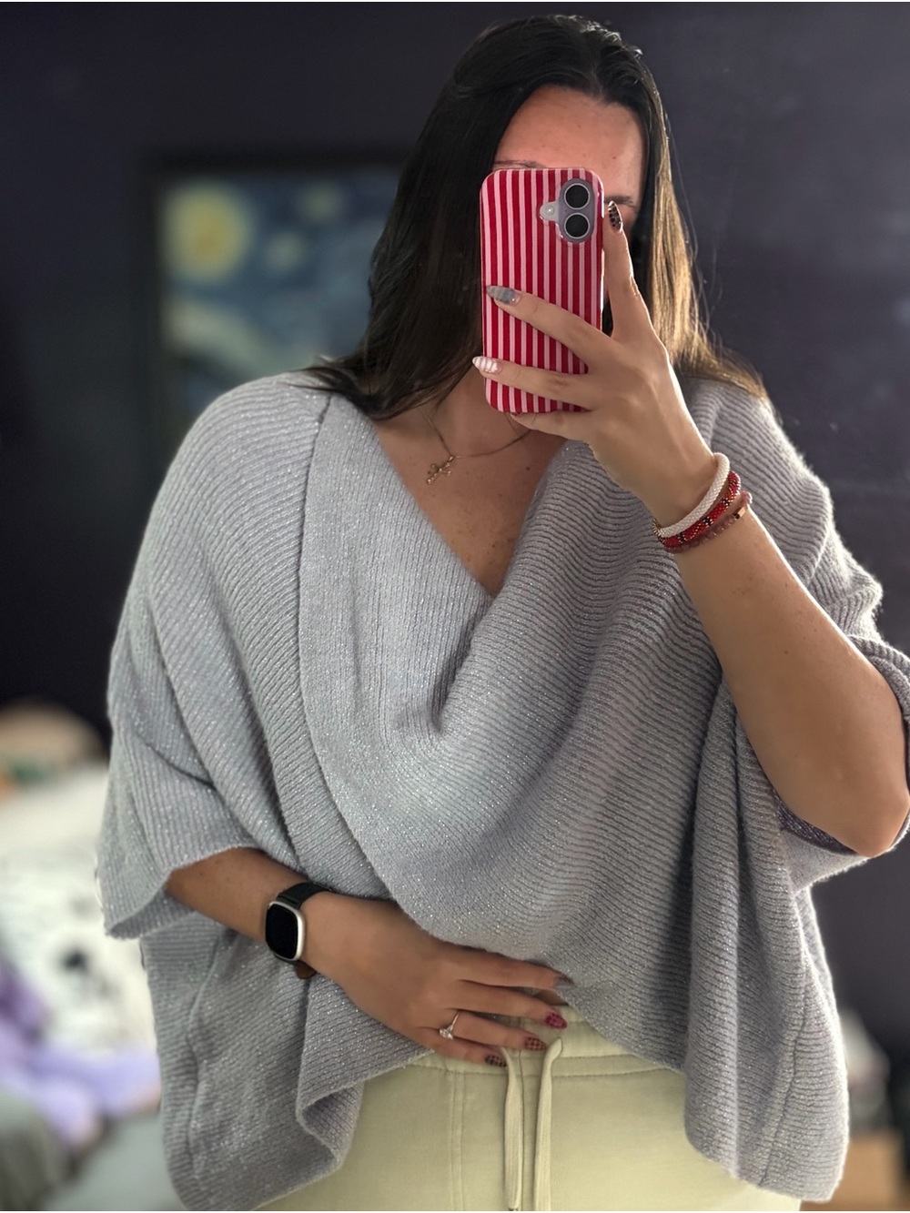 World Market NWT Soft Knit V-Neck Poncho Sweater - Light Gray/Purple